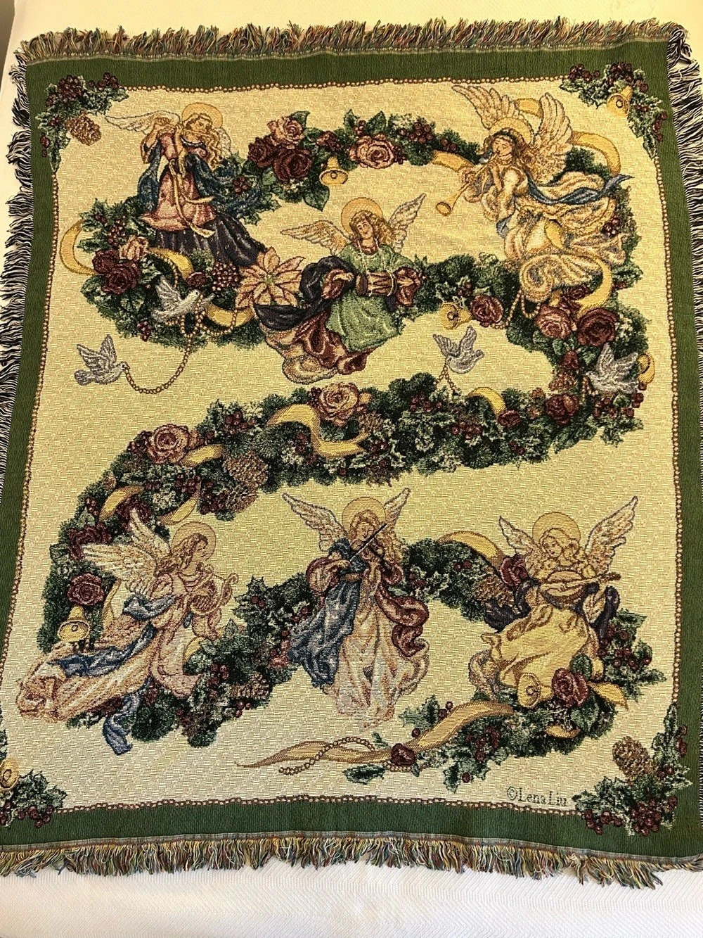 Lena Liu Angel Wreath Woven Tapestry Throw Blanket Floral Green & Brown
